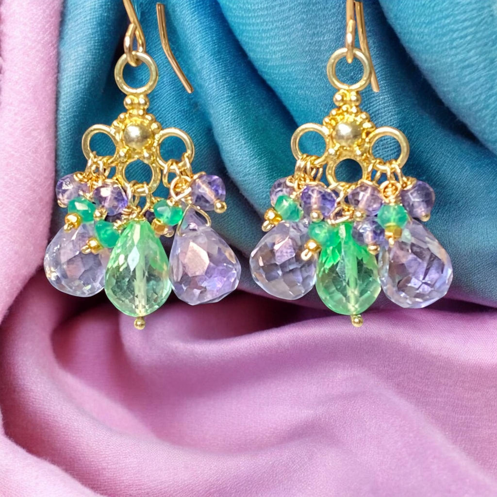 Green Blue Chandelier Earrings with Green Topaz