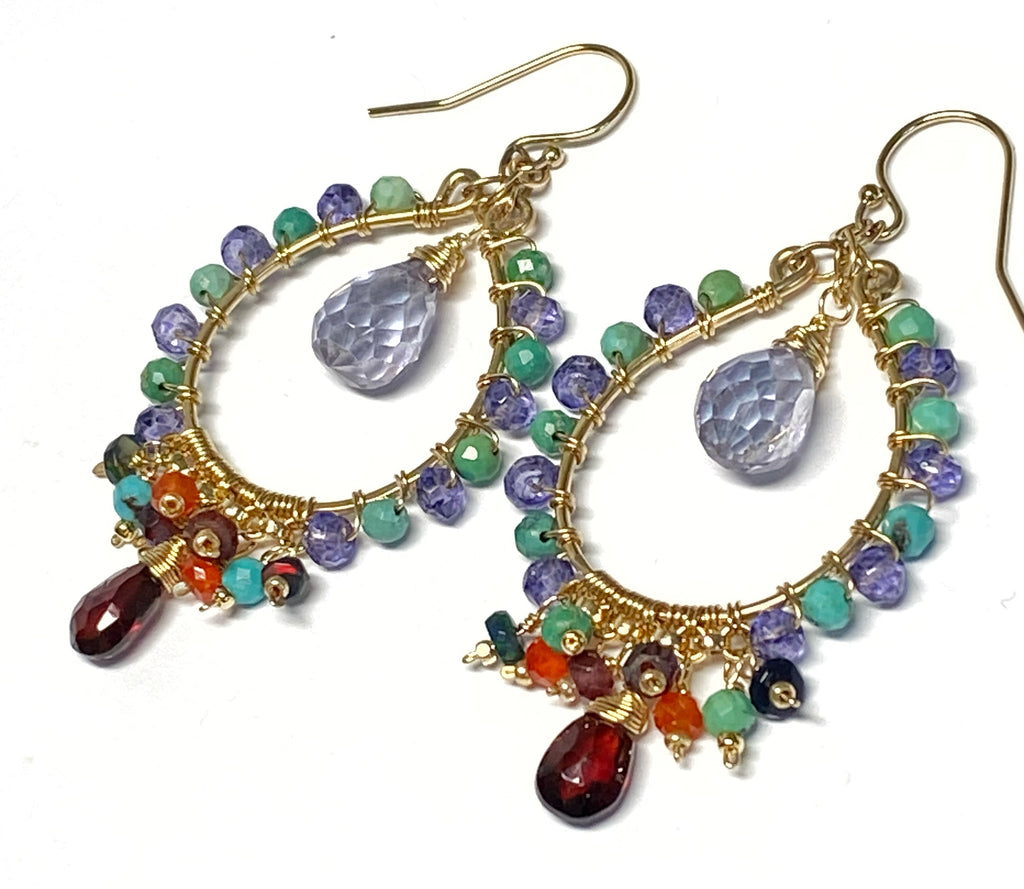 Gold Hoop Chandelier Earrings Iolite, Turquoise, Garnet, Opal