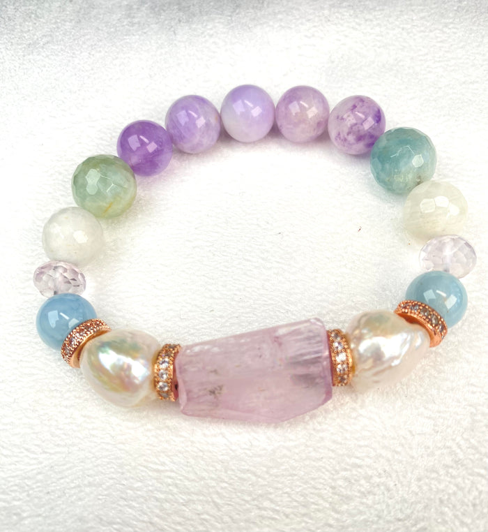 Kunzite, Pearl, Pastel Gemstone Stretch Stacking Bracelet - Doolittle