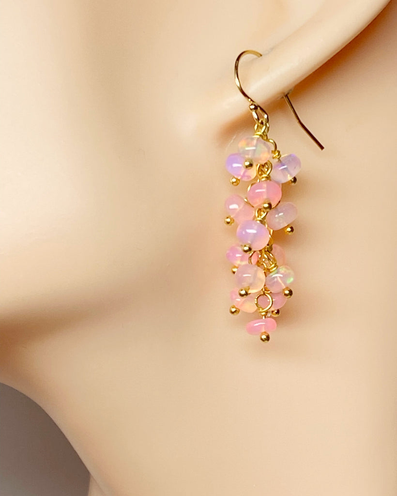 Baby Pink Ethiopian Opal Cluster Dangle Earrings Gold Fill