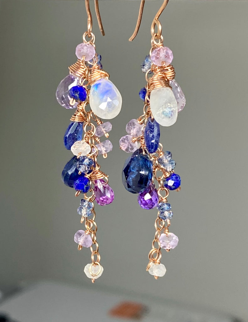 Blue Purple Gemstone Rose Gold Dangle Earrings with Tanzanite