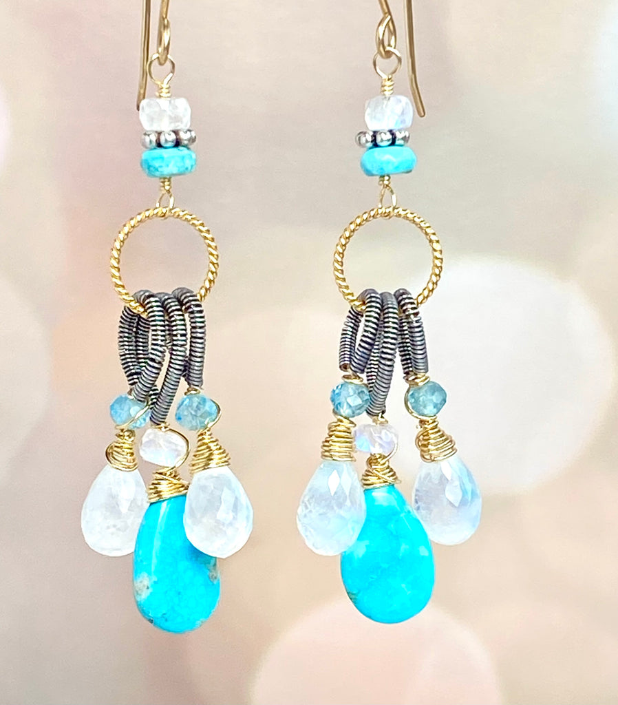 Turquoise & Rainbow Moonstone Dangle Earrings Mixed Metals