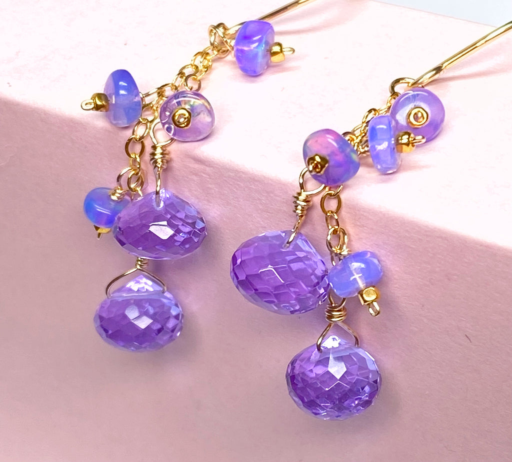 Lavender Quartz and Opal Dangle Earrings Gold Fill