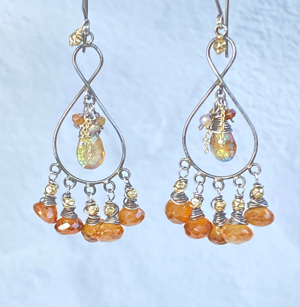 Hessonite Garnet Chandelier Earrings Oxidized Silver