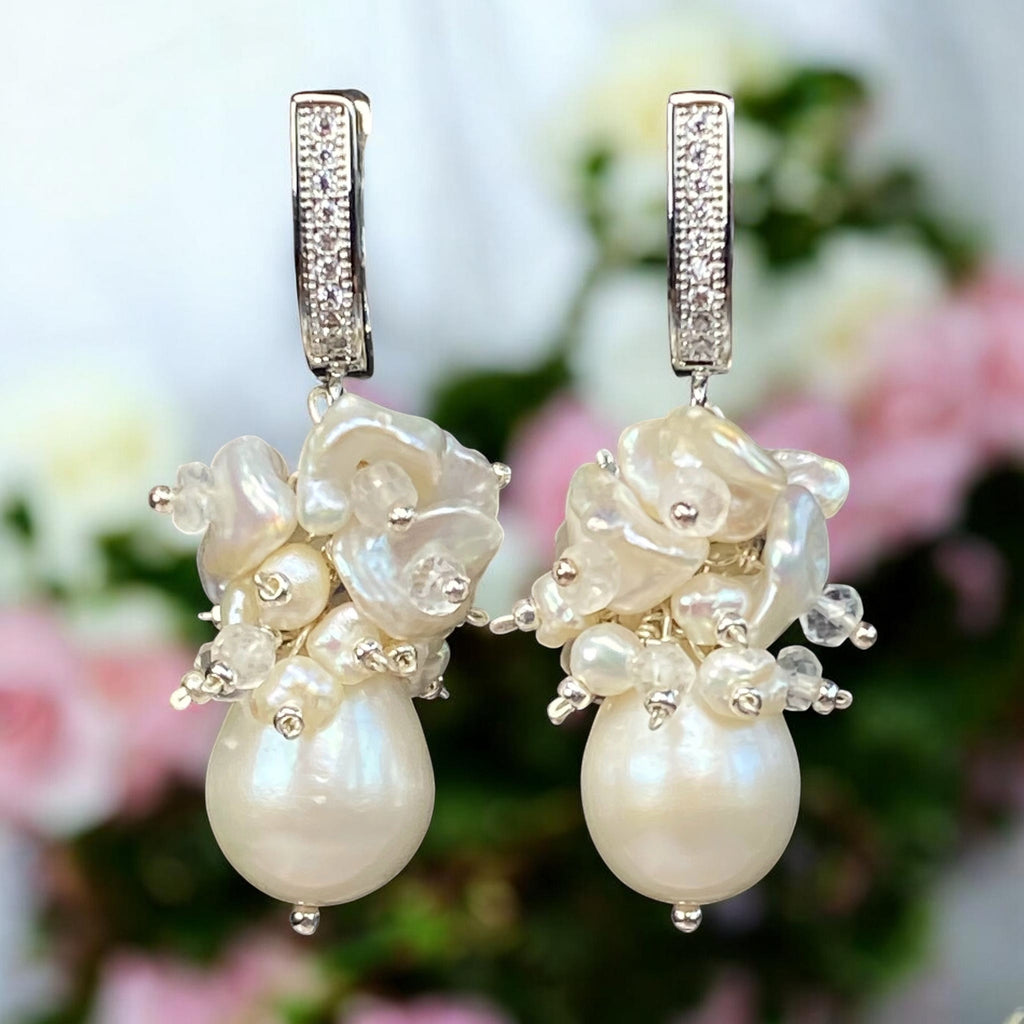 Baroque Pearl Bridal Cluster Earrings Sterling Silver - Doolittle
