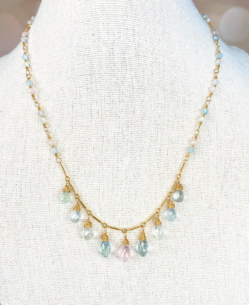 Aquamarine Morganite Dainty Dangle Necklace Gold Fill