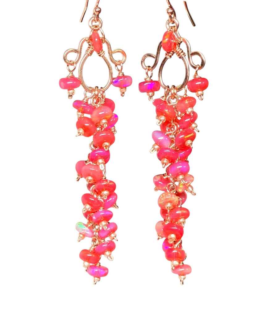 Padparadscha Ethiopian Opals Long Cluster Chandelier Earrings Rose Gold 2