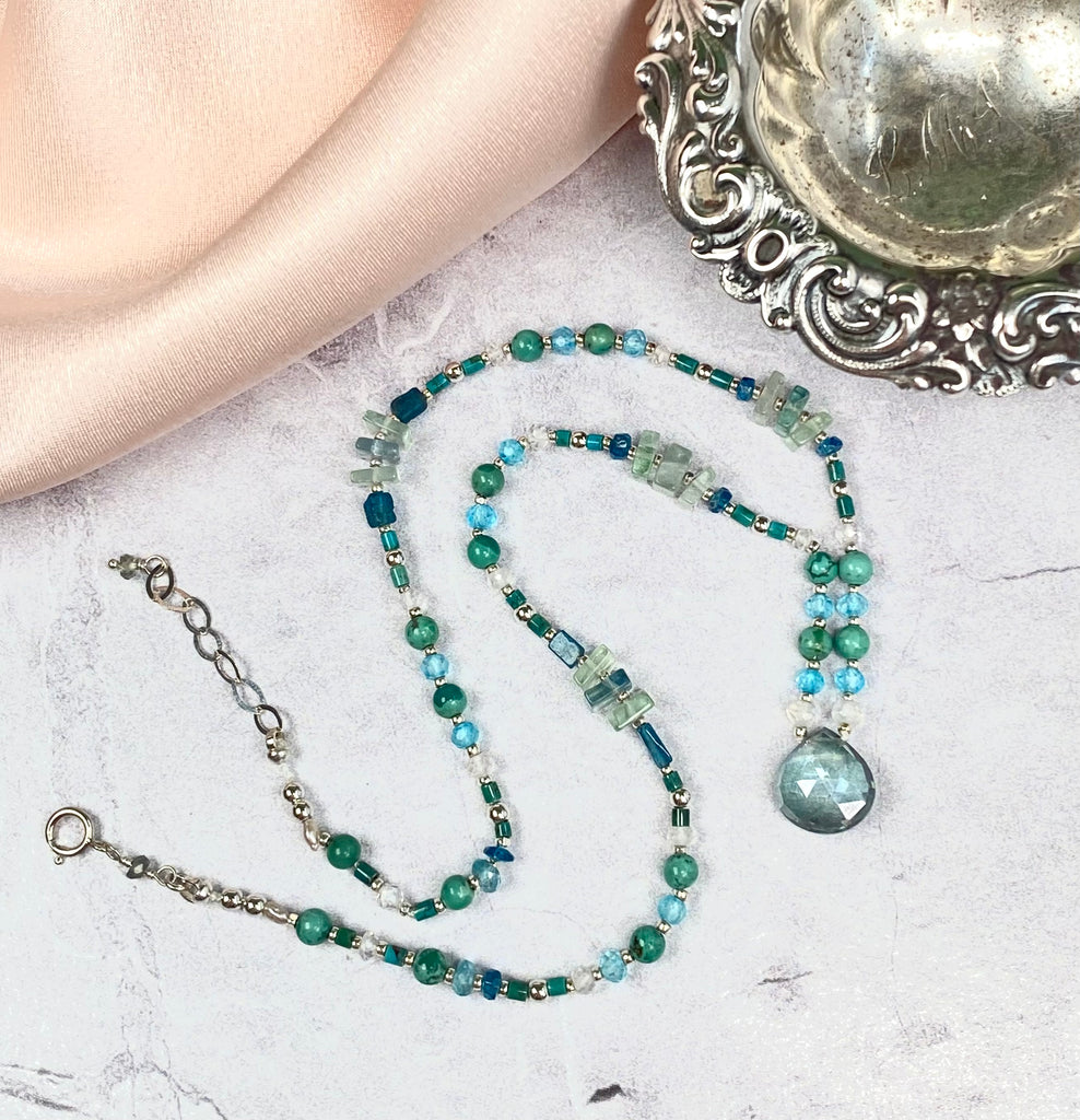 Mystic Aqua Quartz Pendant; Silk Knotted Aqua Blue Beaded Necklace
