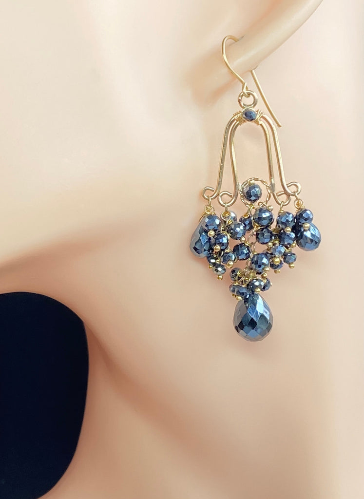 Gemstone Black Spinel Gold Fill Handmade Chandelier Earrings