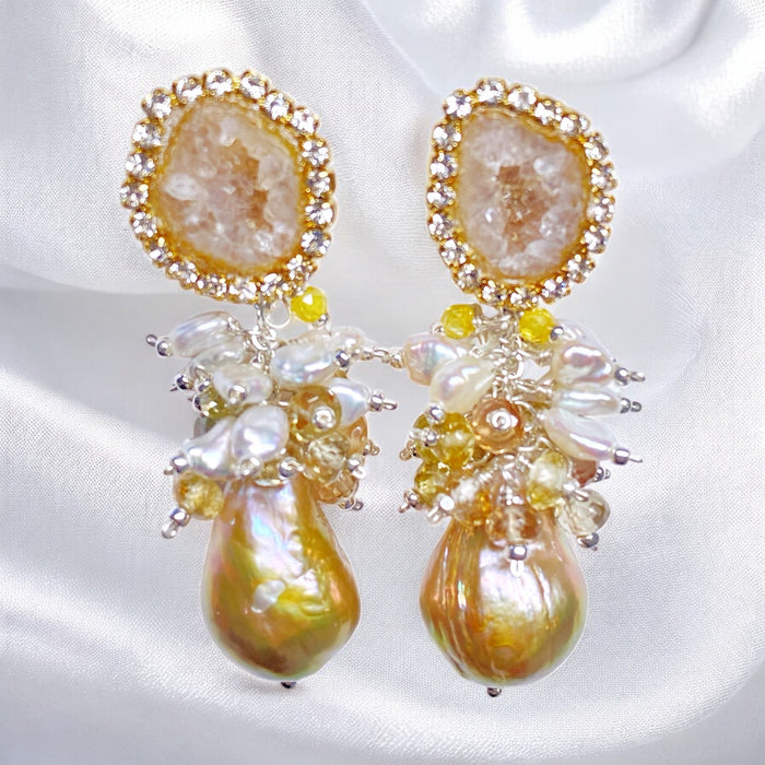 Tabasco Geode and Golden Baroque Pearl Cluster Post Earrings