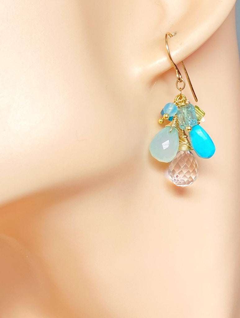 Aqua Gold Filled Dangle Earrings Crystal Quartz Turquoise GF French Hook Plain