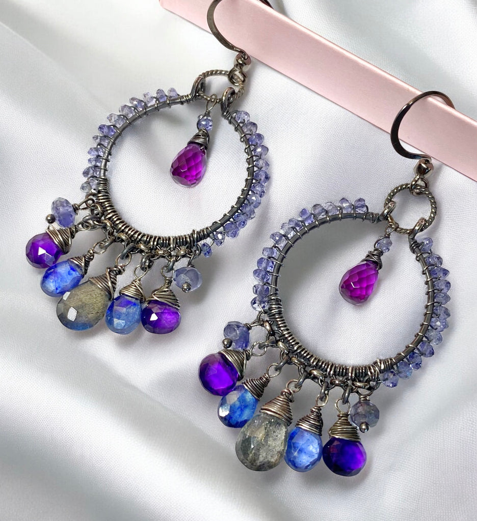 Blue Violet Sterling Silver Hoop Chandelier Earrings Iolite, Kyanite, Amethyst, Labradorite