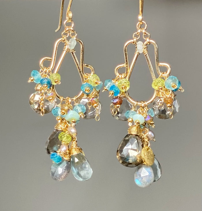 Gold Filled Gemstone Chandelier Earrings Moss Aquamarine, Smokey Quartz, Apatite