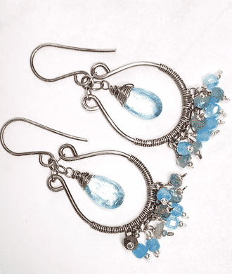 Aquamarine Oxidized Sterling Silver Hoop Chandelier Earrings