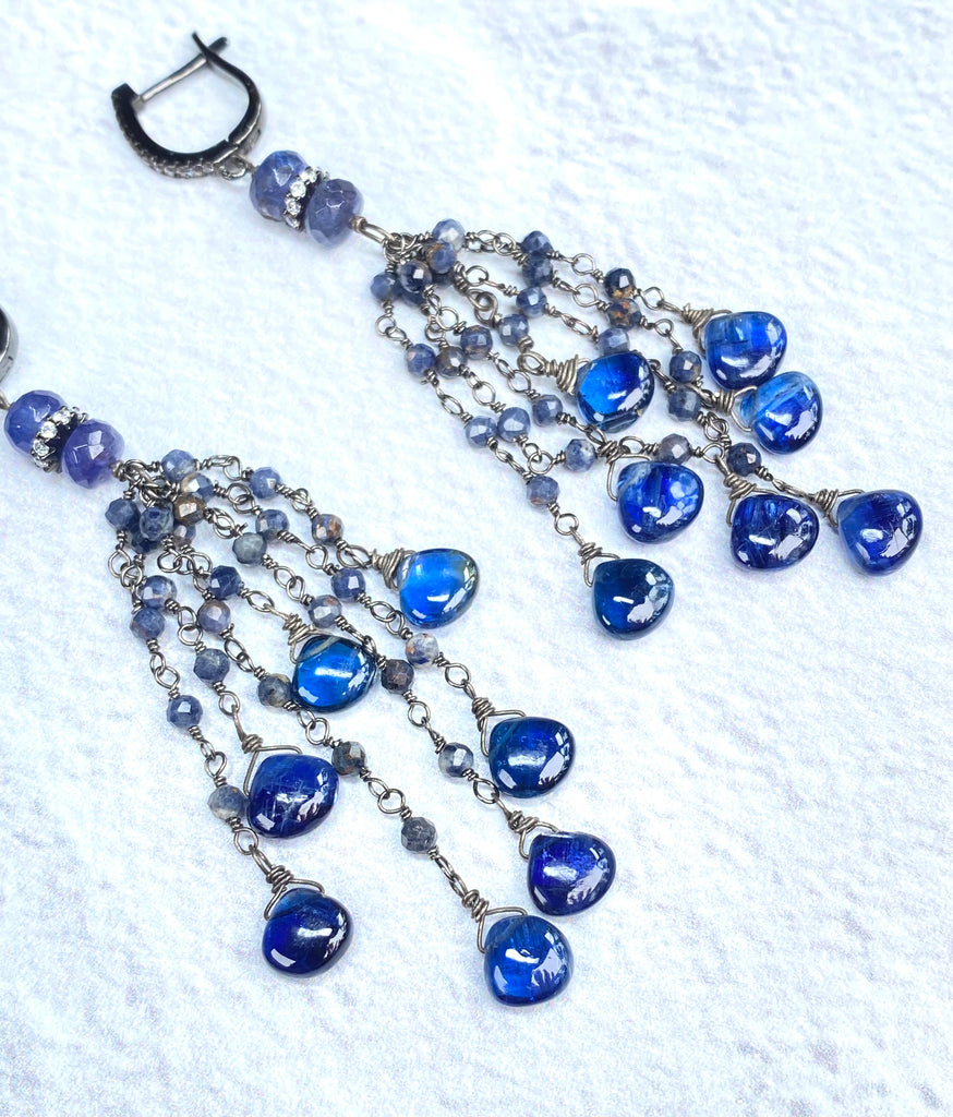 Blue Sapphire Kyanite Boho Tassel Earrings in Oxidized Sterling Silver