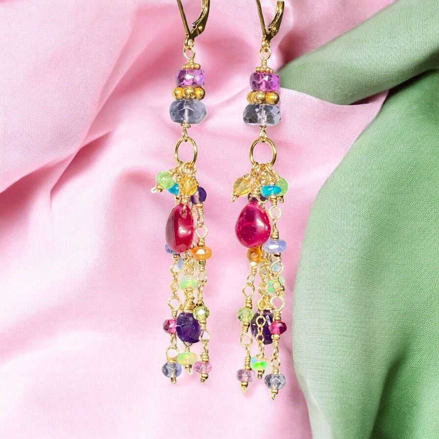 Violet Sapphire, Multi Gemstone Gold Fill Long Dangle Earrings
