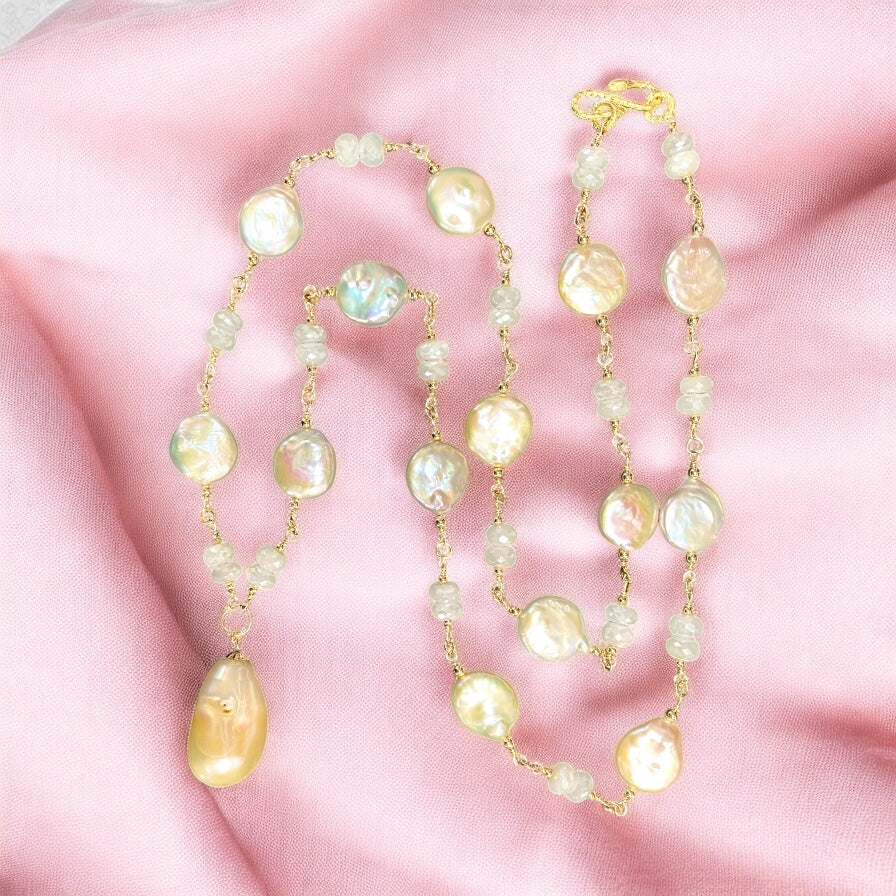 Blush Baroque Pearl Mystic Moonstone Long Sautoir Rosary Necklace Gold Fill