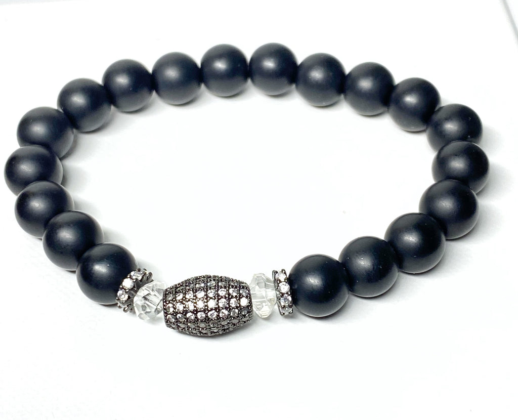 Black Onyx Stretch Bracelet with Black Pave CZ and Crystal Quartz