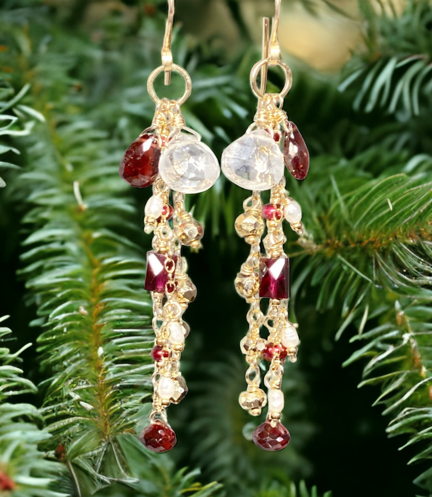 Garnet Dangle Earrings 14 kt Gold Fill with Red Pearls
