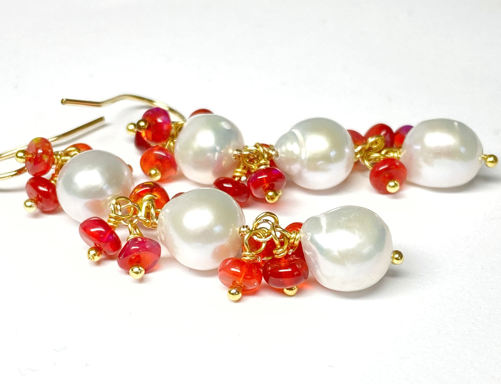 Pearl and Red Ethiopian Opal Long Dangle Earrings Gold