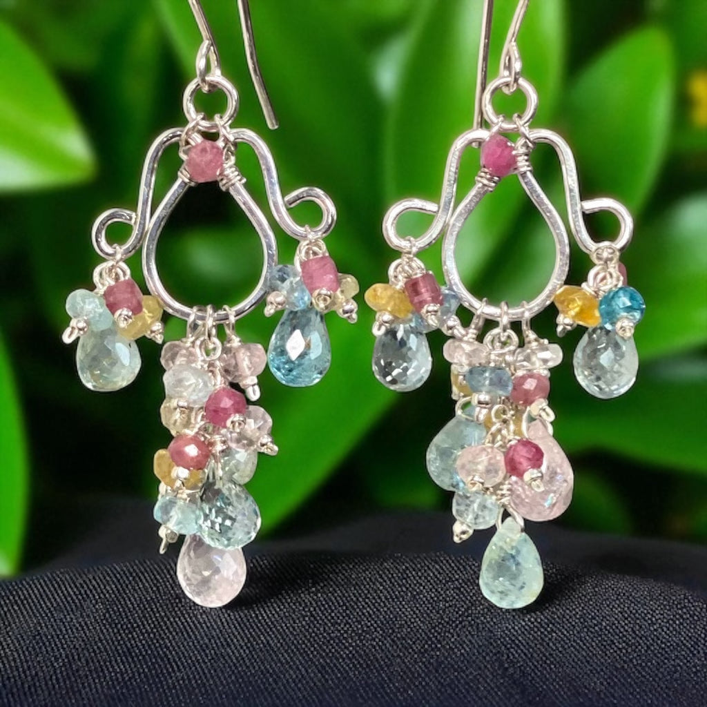 Dangle Gemstone Chandelier Earrings with Aquamarine in Sterling Silver