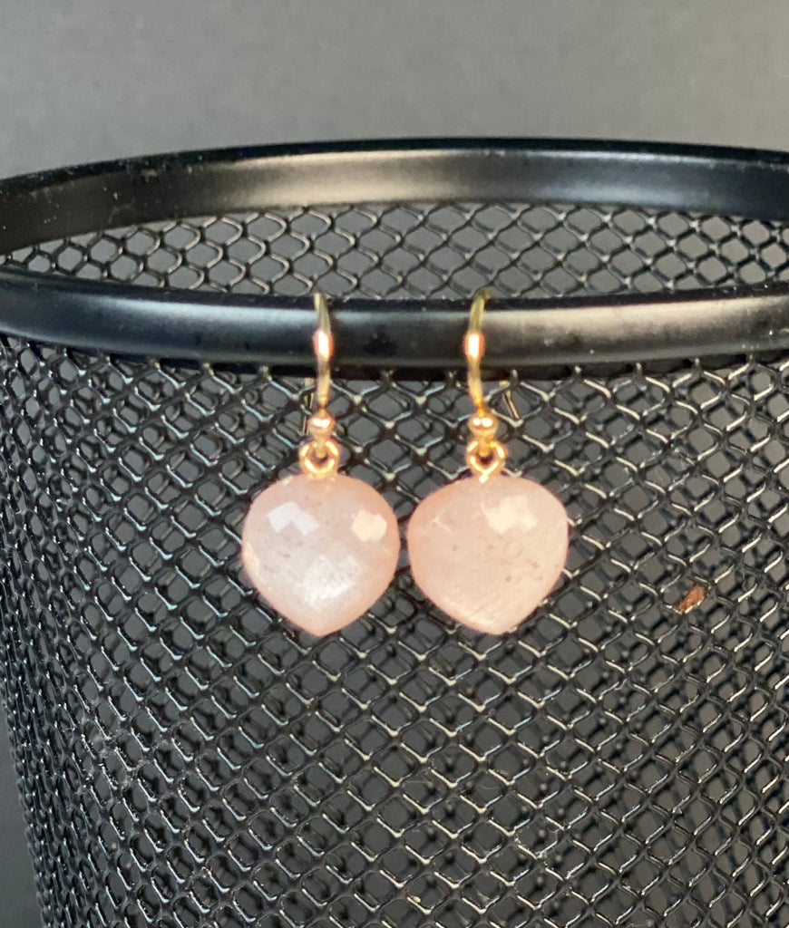 Silver Pink Moonstone Gemstone Heart Dangle Earrings 14k Gold Fill