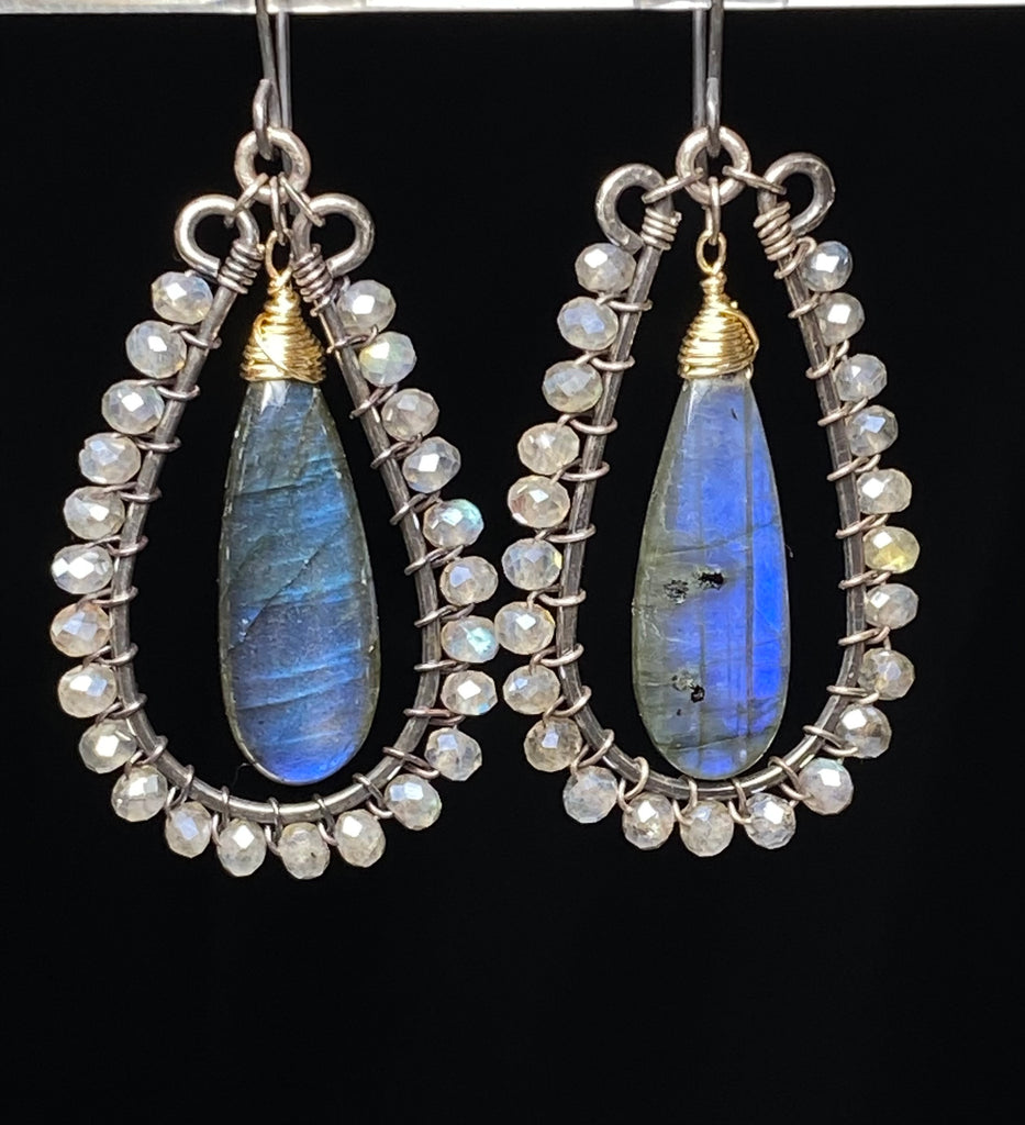 Blue Flash Labradorite Long Hoop Earrings - Oxidized Sterling Silver and Gold Fill - Doolittle