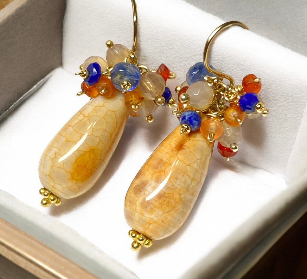 Fire Agate Drop and Gemstone Cluster Earrings Gold Fill 2