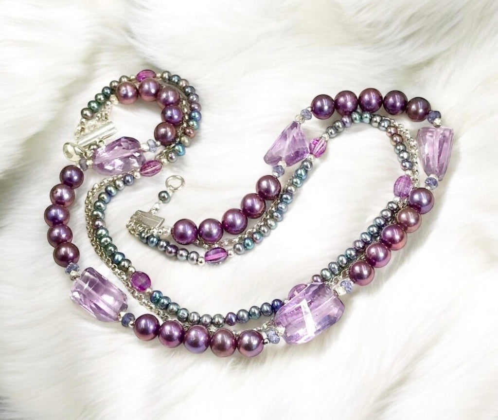 Amethyst and Pearl Multi-Strand Triple Strand Necklace