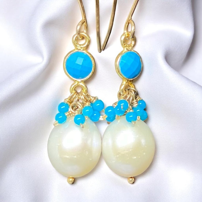 Pearl, Turquoise Gemstone Cluster and Dangle Earrings - Doolittle