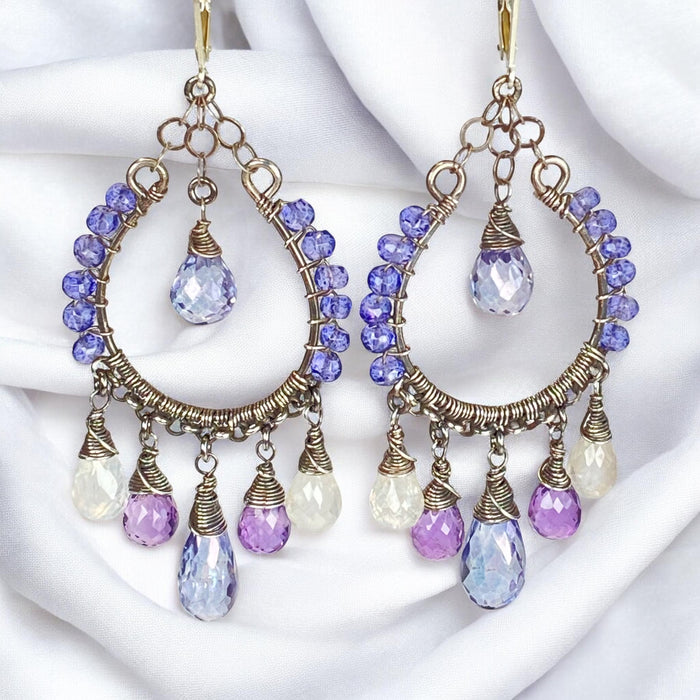 Blue Violet Gemstone Hoop Earrings — Moonstone & Amethyst, Oxidized Sterling Silver - Doolittle