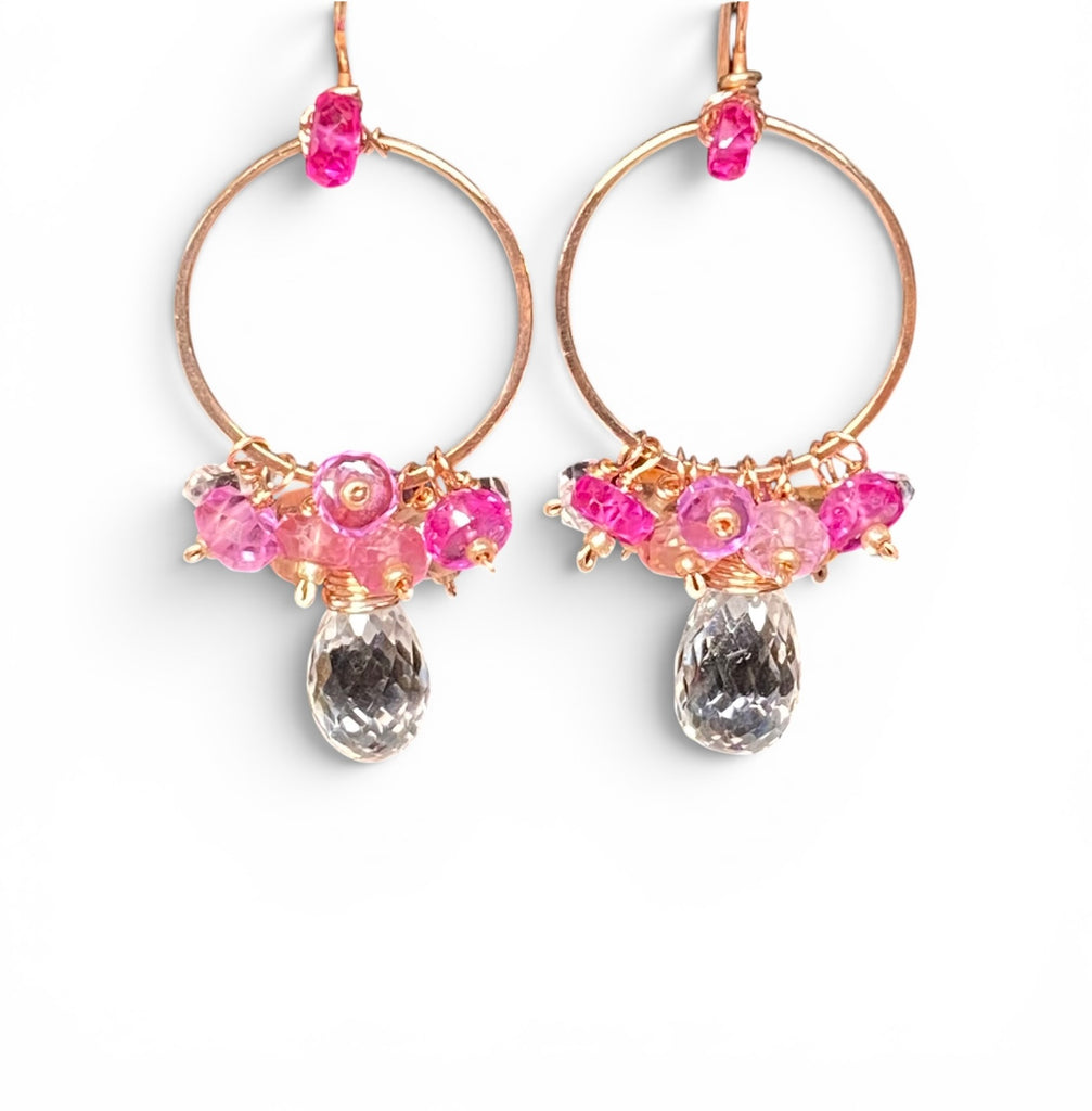 Padparadscha Sapphire Hoop Earrings Rose Gold Fill — Crystal Quartz Herkimer Diamond - Doolittle