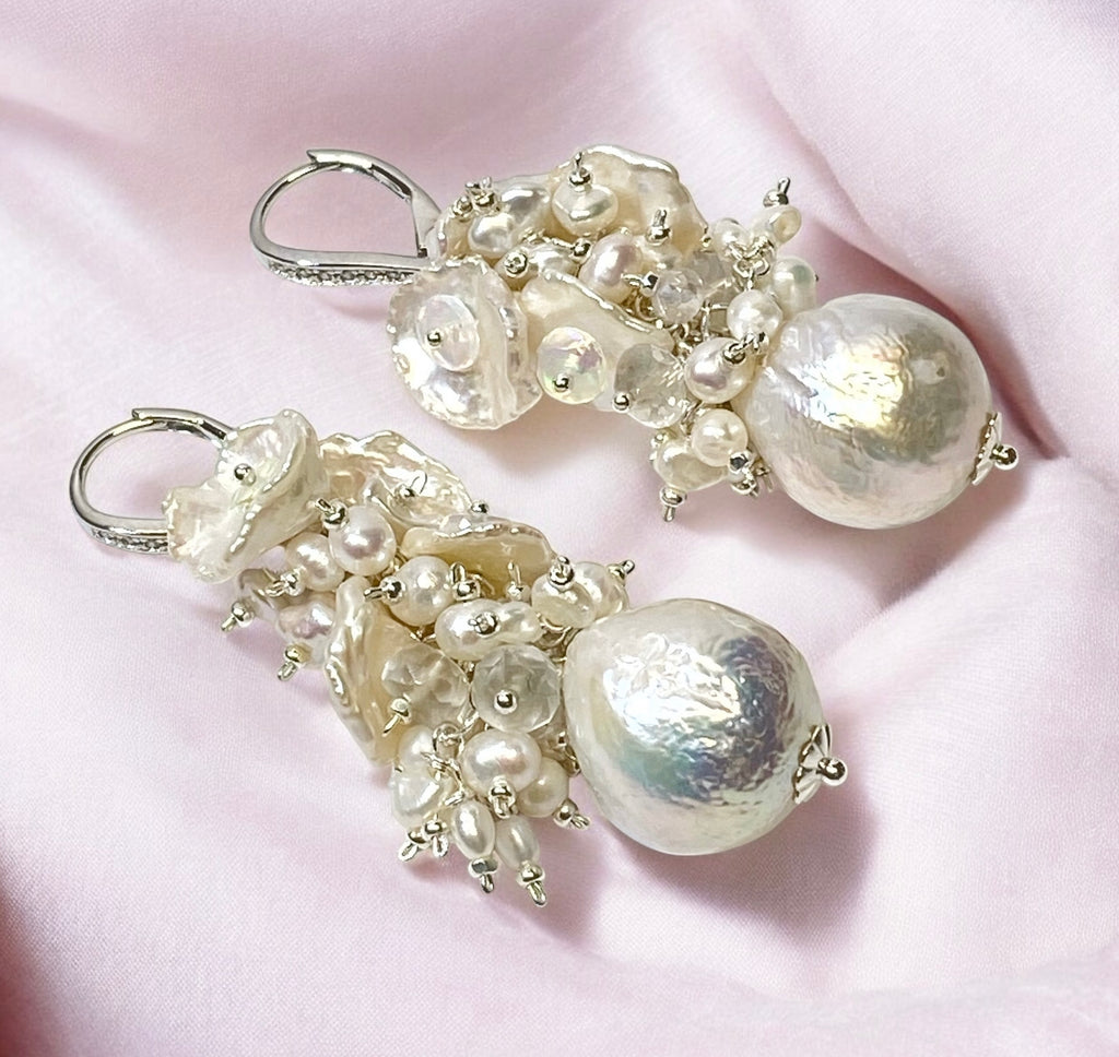 Baroque Pearl Cluster Bridal Earrings White Keishi and Opal Cascade