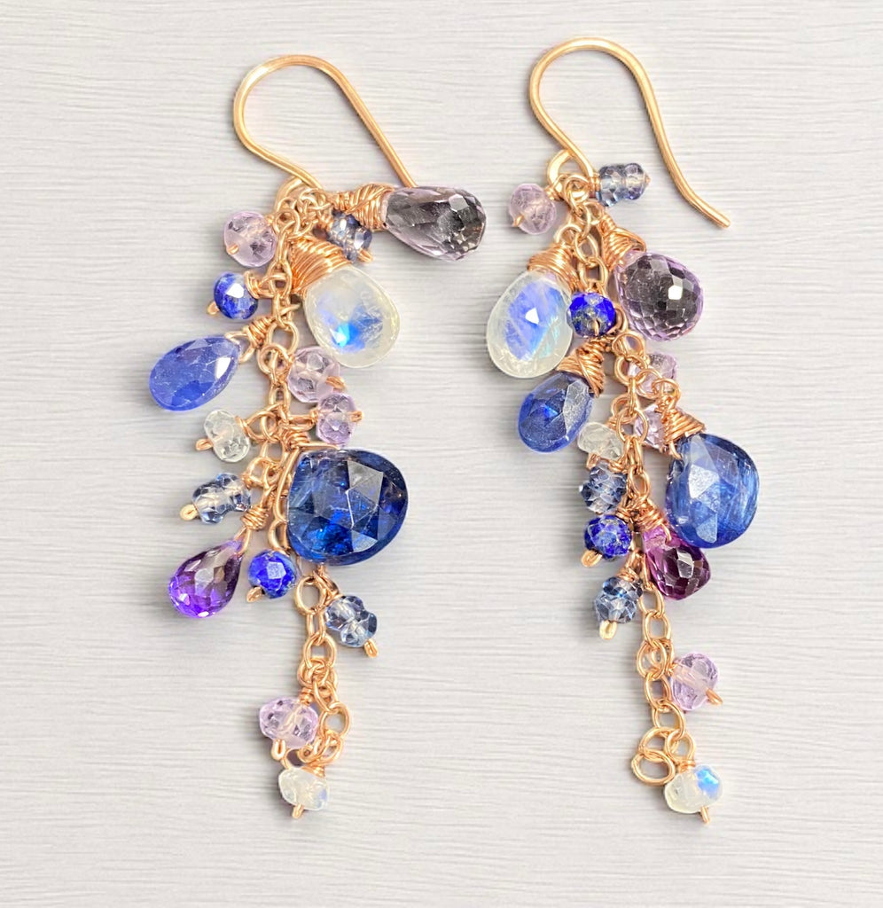 Blue Purple Gemstone Rose Gold Dangle Earrings with Tanzanite