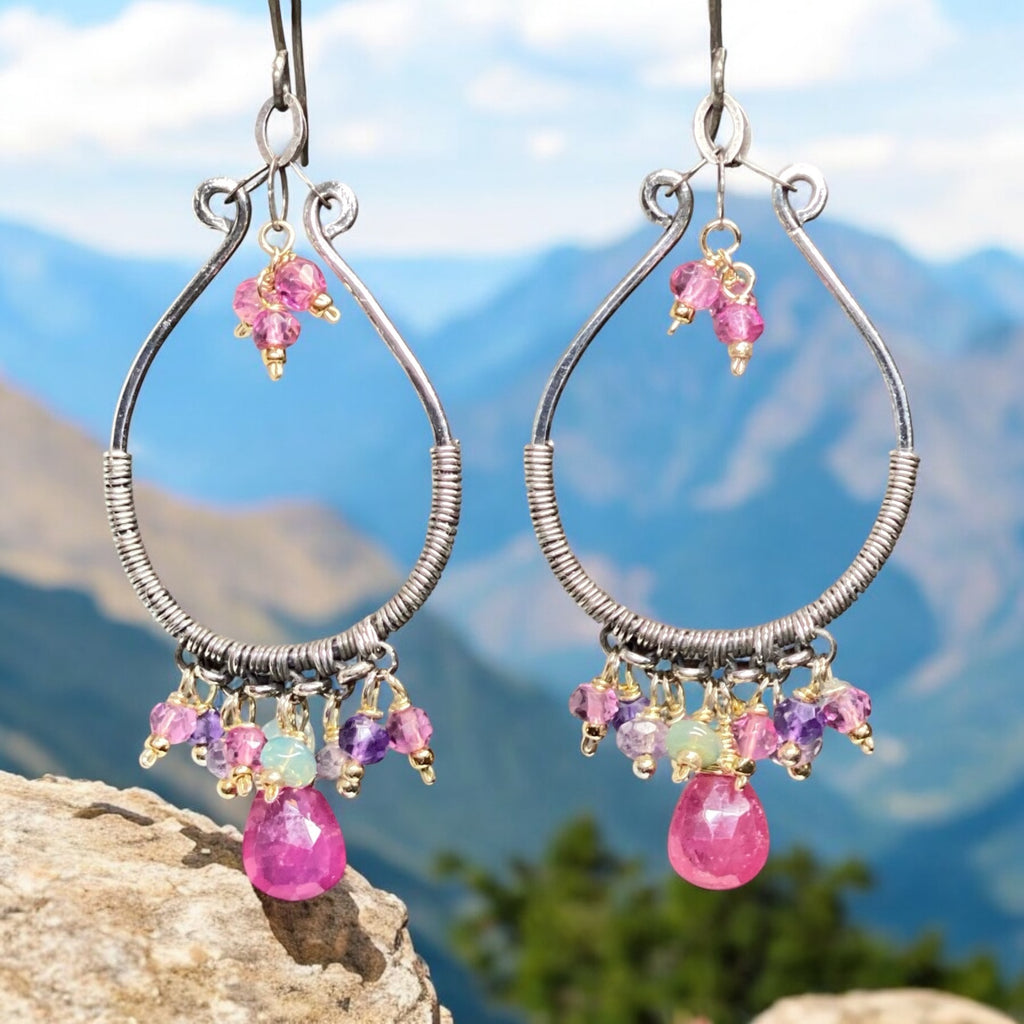 Oxidized Silver Hoop Chandelier Earrings, Pink Sapphire, Mixed Metals