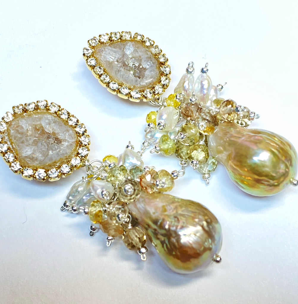 Tabasco Geode and Golden Baroque Pearl Cluster Post Earrings