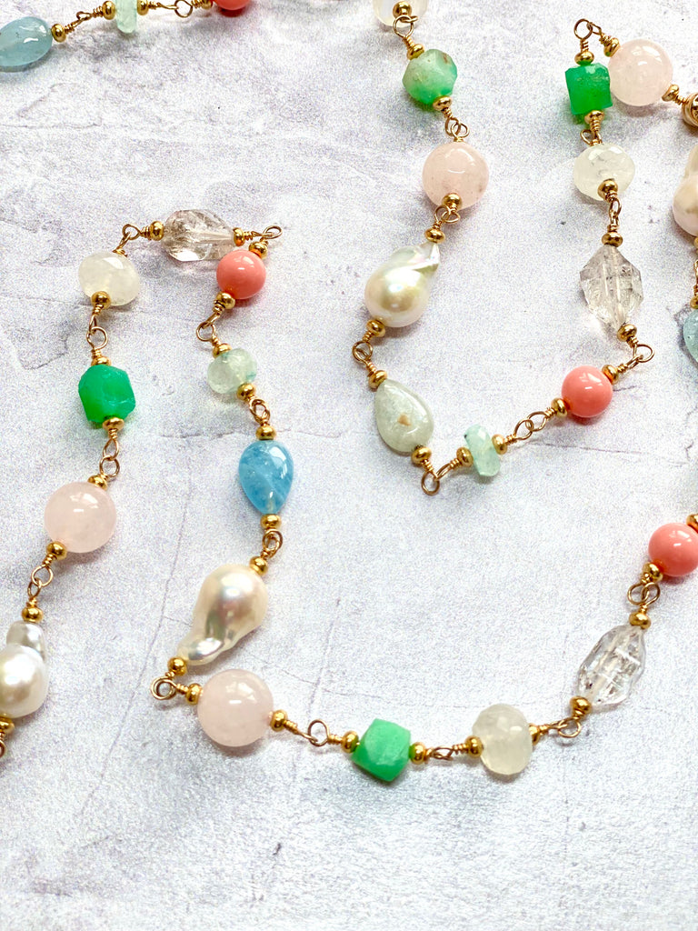 Multi Gemstone Pastel Long Necklace with Herkimer Diamond Aquamarine Gold