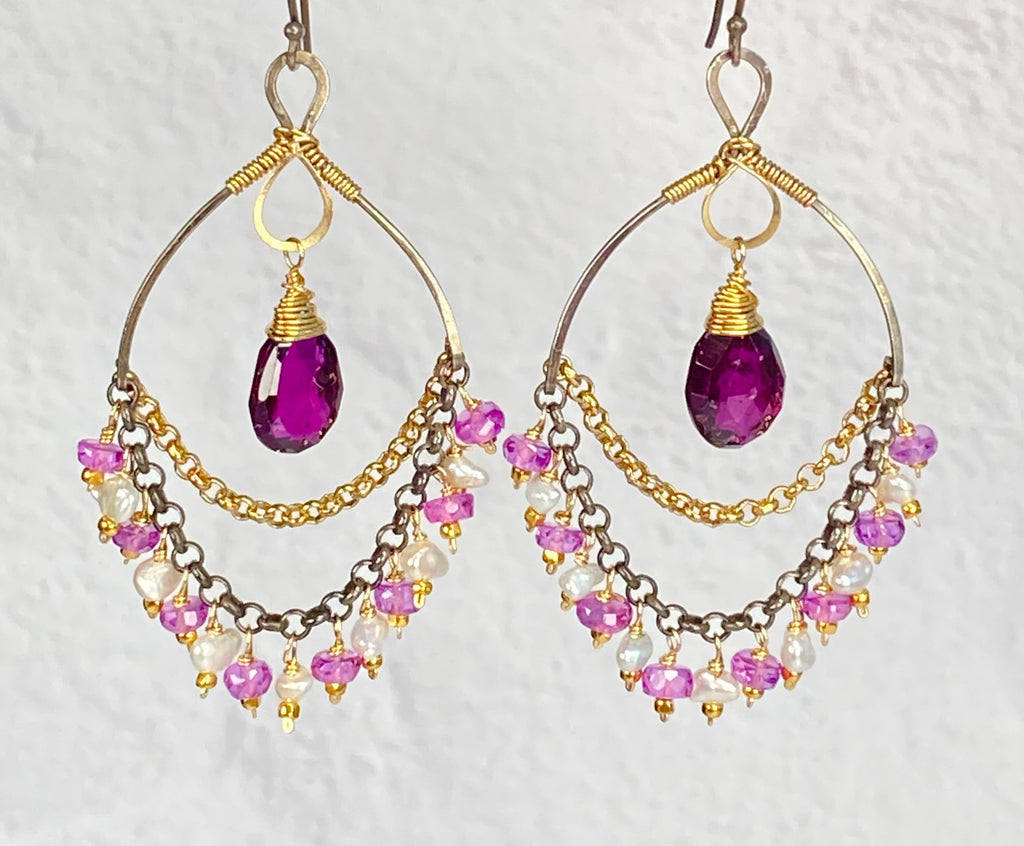 Rhodolite Garnet Chandelier Earrings with Violet Sapphire and Pearls, Mixed Metals - Doolittle