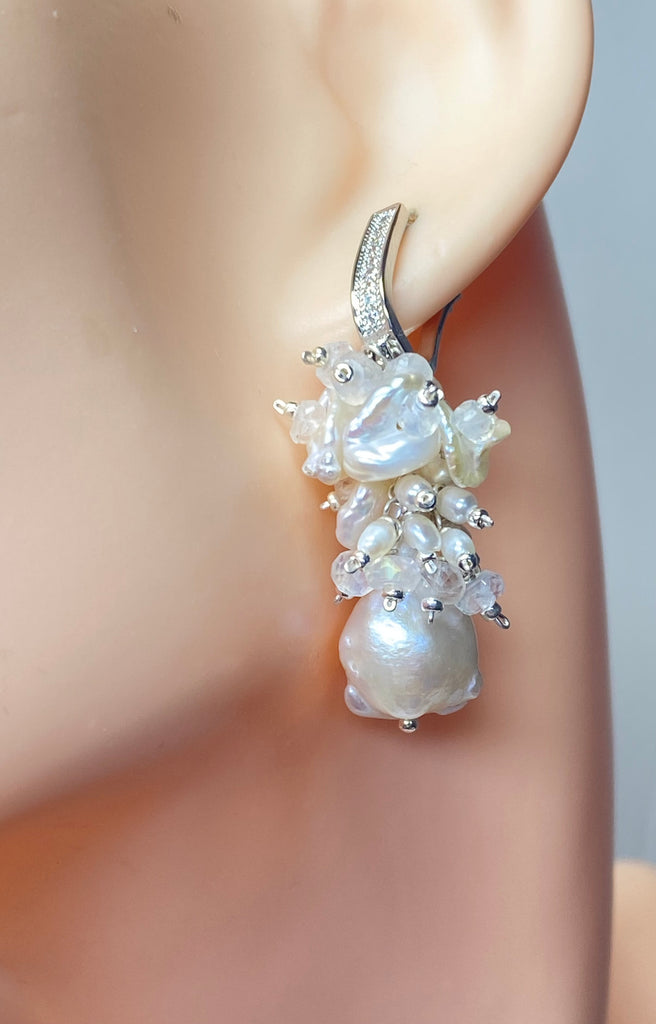 Baroque Flameball Pearl and Moonstone Cluster Bridal Earrings