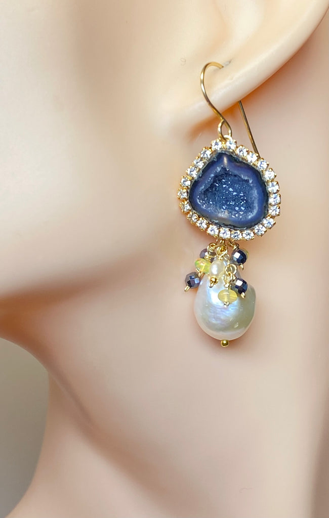 Black Tabasco Geode Earrings with White Baroque Pearls and Opal Clusters