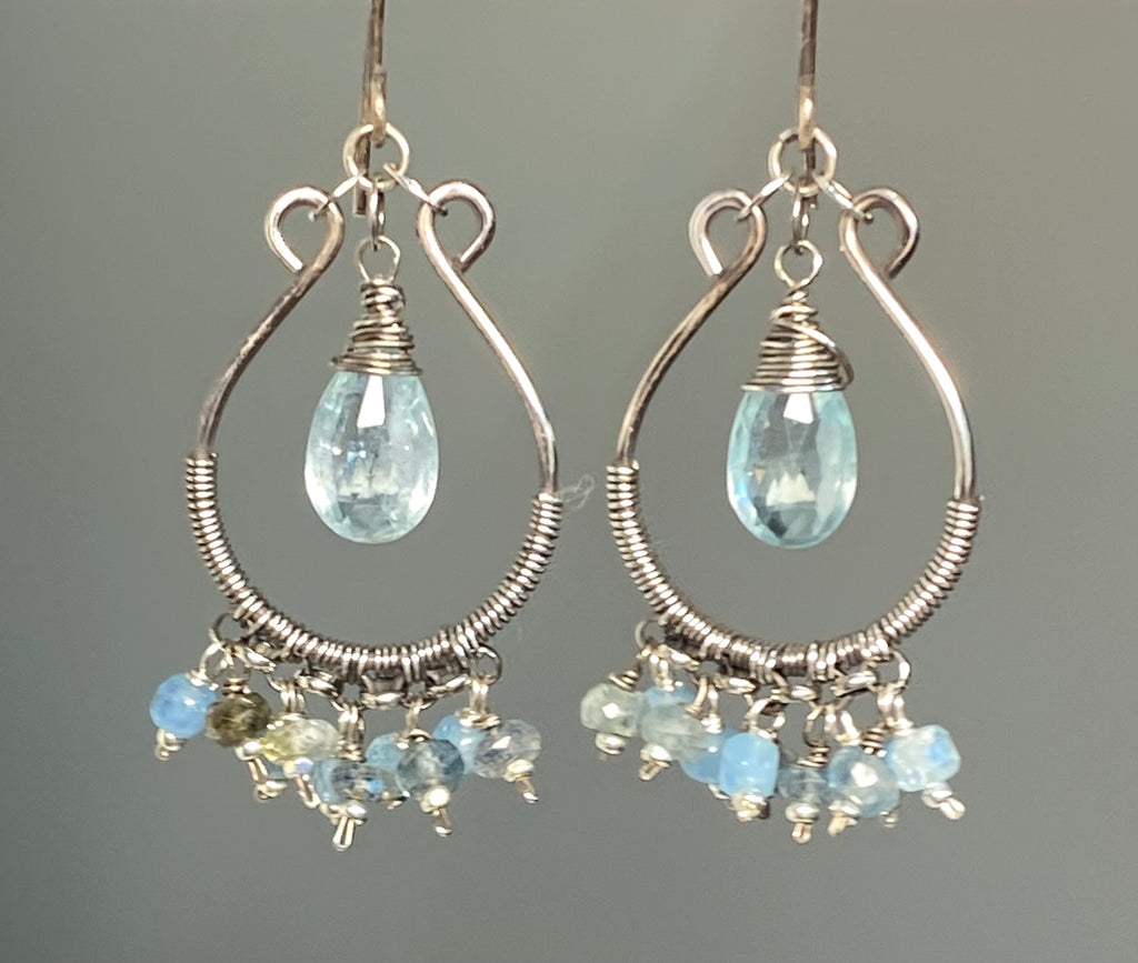 Aquamarine Oxidized Sterling Silver Hoop Chandelier Earrings