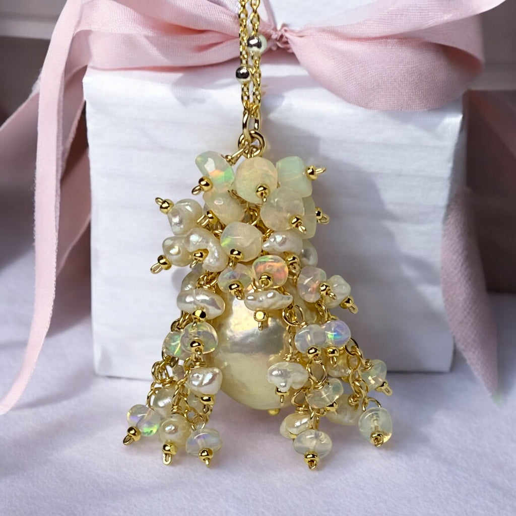 Golden Edison Baroque Pearl Opal Cluster Pendant in Gold Fill