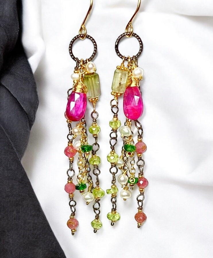 Pink Sapphire, Peridot and Tourmaline Gemstone Long Dangle Earrings