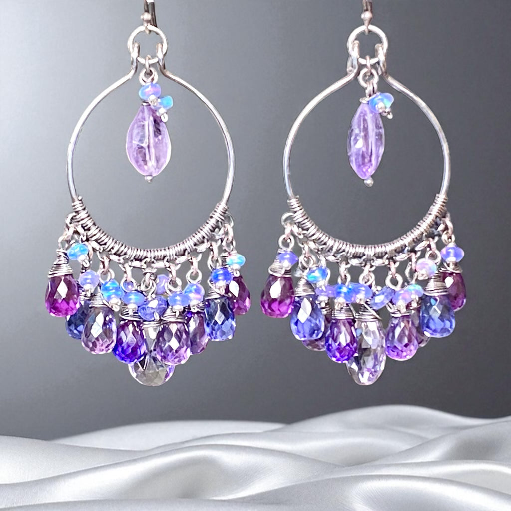 Blue Violet Gem Statement Chandelier Earrings in Oxidized Sterling Silver
