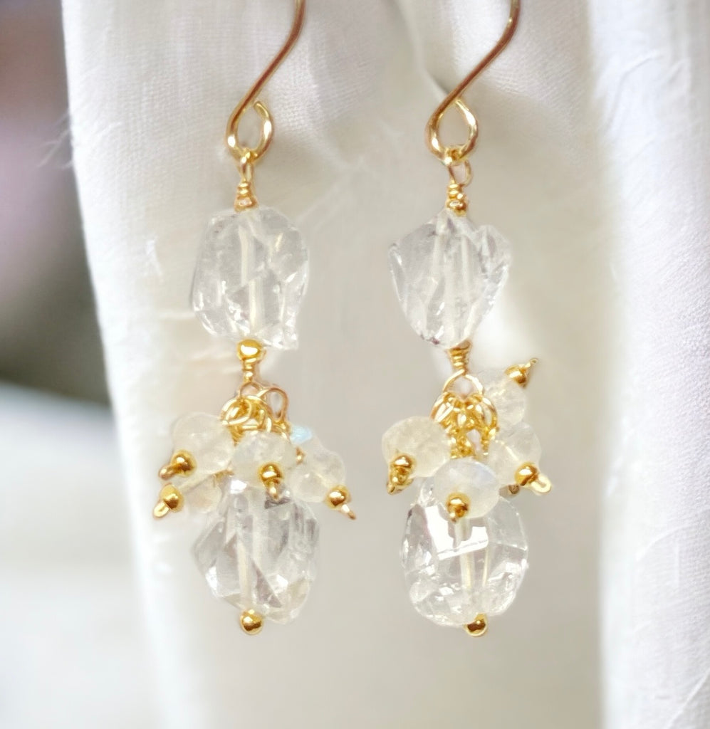 Herkimer Diamond Crystal Quartz, Moonstone and Gold Dangle Earrings