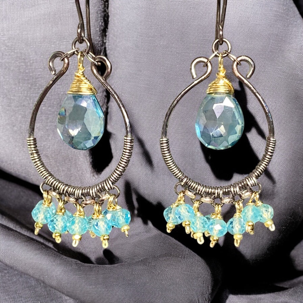 Aqua Apatite Oxidized Sterling Silver Hoop Chandelier Earrings