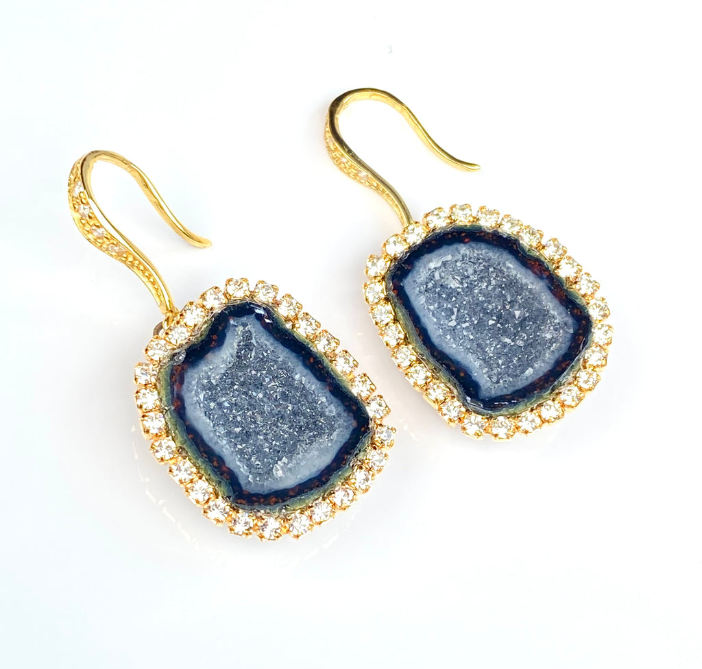 Black Tabasco Geode Druzy Earrings with Austrian Crystal Halo — Diamond Style Dangle Earrings - Doolittle