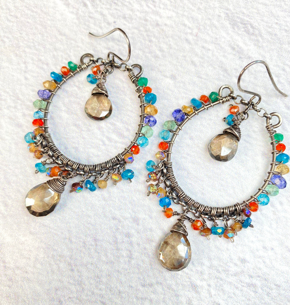 Multicolor Gemstone Hoop Chandelier Earrings, Mystic Smokey Quartz, Oxidized Silver - Doolittle
