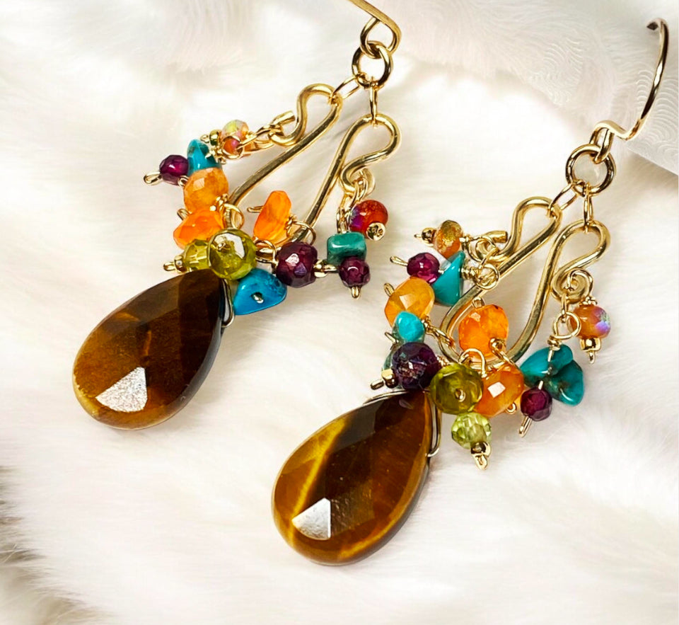 Tiger Eye Multicolor Gemstone Gold Chandelier Earring