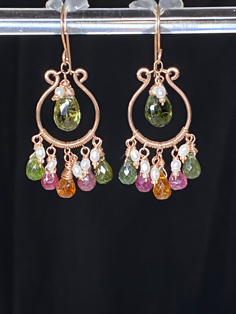 Multicolor Tourmaline Rose Gold Fill Hoop Chandelier Earrings